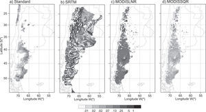 Erodibility maps of Argentina: (a) Standard global database (SStandard); (b) using high resolution SRTM elevation data (SSRTM); (c) using a linear function of surface reflectance from MODIS (SMODIS-LNR), and (d) using a squared function of surface reflectance from MODIS (SMODIS-SQR).