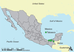 Location of the state of Tabasco in Mexico.
