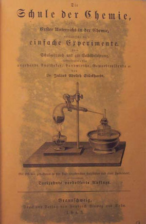 Portada del libro Schule der Chemie en su edición de 1863. La primera edición apareció en 1846. (Foto: Cortesía de Gisela Boeck, Universidad de Rostock, Alemania).