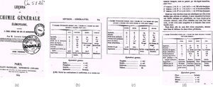 (a) Portada del libro de Cahours; (b) Tres de los grupos de elementos no-metálicos: los calcógenos; (c) los pnicturos, y (d) y los halógenos.