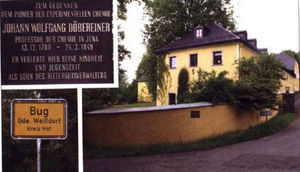 Rittergut am Bug queda 1 km al norte de Weissdorf que está a 4 km al este de Münchberg, muy cerca de la villa natal de Döbereiner, Hof. La placa sobre la pared está ampliada arriba a la izquierda y dice: “A la memoria del pionero de la química experimental Johann Wolfgang Döbereiner, profesor de Química en Jena 13.12.1780 – 24.3.1849. Él pasó su infancia aquí y su juventud como el hijo del superintendente”. Abajo a la izquierda la señal que anuncia la villa de Bug.