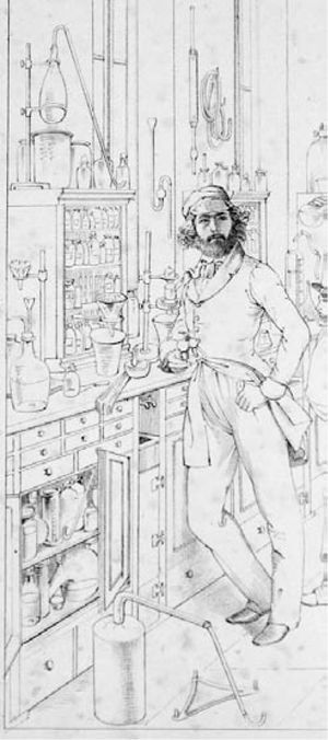 Vicente Ortigosa, en el laboratorio de Justus von Liebig en Giessen, con las bolas de Geissler en la mano, empleadas para el cuanteo de carbono.