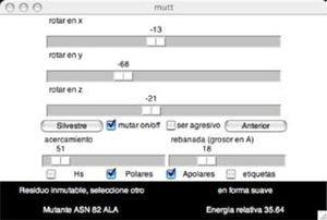 User control widget. The three upper sliders control rotation. The lower sliders control the zoom and the width of the visible slice around the dimer interface. The central buttons display the wild type (“Silvestre”) and last selected mutant (“Anterior”). The upper check boxes toggle the mutation mode on (“mutar on/off”), and the aggressiveness level of the mutation to be performed, which can be subtle (for alanine), or aggressive if the “ser agresivo” box is checked. The lower checkboxes toggle the display of hydrogen atoms (Hs), polar (“Polares”) or non-polar (“Apolares”) interface side chains as well as the labels (“etiquetas”). The text box indicates the mutation status of the selected amino acid, the mutant displayed and the energy relative to the wild type (in amber force field units).