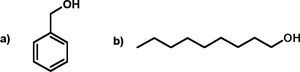 Estructuras de los dos alcoholes utilizados como coiniciadores para la polimerización de d,l-lactida iniciada por Sn(Oct)2: a) alcohol bencílico (p.e. = 203 °C) y b) 1-nonanol (p.e. = 215 °C).