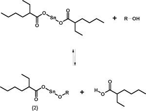 Reacción de transferencia para Sn(Oct)2 y formación del alcóxido de estaño (2).