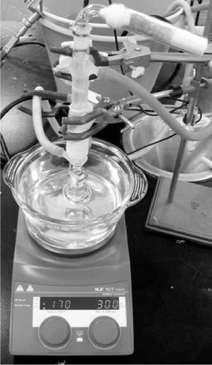 Sistema de reflujo en donde se realizó la reacción de polimerización de la d,l-lactida a 170 °C por 1 h con una agitación de 300 rpm.