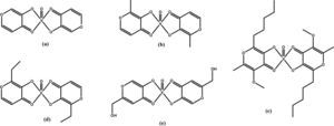 Compuestos de vanadio(IV) con relevancia en el tratamiento de diabetes tipo II, que presentan una geometría de pirámide de base cuadrada: a) bis(3-hidroxi-4-pironato)oxovanadio(IV); b) bis(maltolato)oxovanadio(IV); c) bis(alixinato)oxovanadio(IV); d) bis(etilmaltolato)oxovanadio(IV), y e) bis(kojato)oxovanadio(IV) (modificado de Meister Winter, 1996).
