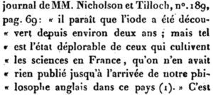 Fragmento del trabajo de Gay Lussac (1814) donde se refiere a los comentarios de Davy.