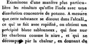 Fragmento del trabajo de Gay Lussac (1814) donde especifica la acción de la disolución de potasa sobre el yodo.