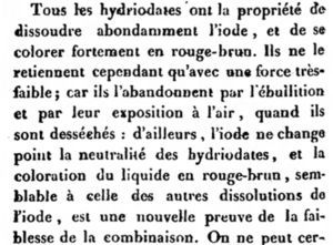 Fragmento del trabajo de Gay Lussac (1814) donde especifica la acción de los “hydriodatos (hoy conocidos como disoluciones de yoduros) en la disolución del yodo.
