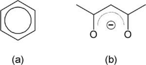 Representaciones de la deslocalización electrónica en el benceno (a) y en el anión de la pentano-2,4-diona (b).
