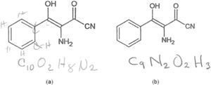 Éxito parcial (a) y fracaso (b) de dos estudiantes de la maestría de educación en ciencias de la BUAP (generación 2011-2012) al intentar determinar la fórmula molecular del (3E)-3-amino-4-hidrox¡-2-oxo-4-fen¡lbut-3-enon¡-trilo, en un examen de ideas previas. Obsérvese que el primero garabateó los hidrógenos sobre la fórmula a manera de herramienta.