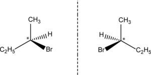 The two mirror images of 2-bromobutane. The asymmetric carbon (C2) is labeled with an asterisk.