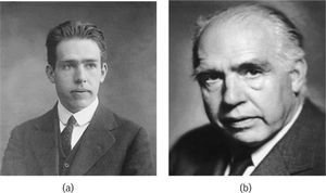 Niels Henrik David Bohr: a) joven, y b) mayor.