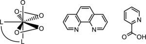 De izquierda a derecha: estructura tipo bisperoxovanadio-(Me2fen), fenantrolina (fen) y picolinato (OHpic) (modificado de Thompson, 1999)