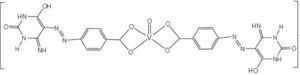Ejemplo de los complejos del tipo 5-fenilazo-6-aminouracil-vanadilo. Este compuesto en particular no es selectivo y puede afectar a otras células por lo que a pesar de su eficacia no tiene aplicación terapéutica (Gaballa, 2011)