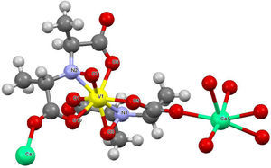 Estructura cristalina de la amavadina. Los iones de calcio se utilizaron para obtener cristales de mejor calidad (modificado de Berry, 1999)