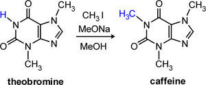 Caffeine synthesis from theobromine.