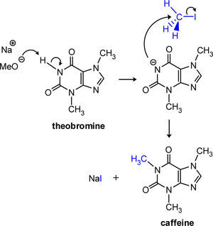Reaction mechanism: N-Methylation of theobromine occurs via SN2.