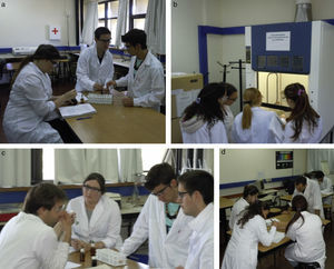 Estudiantes realizando experimentos en mesa de trabajo (a) o en campana de extracción (b). Participación de los docentes: guiando el análisis de los experimentos (c) o moderando una discusión de resultados (d).