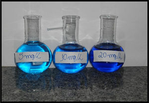 Soluções de azul de metileno a 5, 10 e 20ppm.