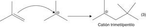 Adición electrofílica entre el isobutileno y el catión tert-butilo.