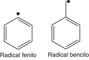 Estructura molecular de los radicales fenilo y bencilo.