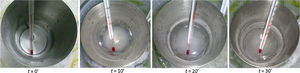 Changes in water solution inside the steel cup.