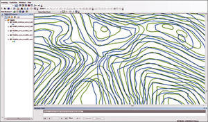 Representation and topological analysis of curve_50_utm fl4a84_continuo cartographic sheet (blue), in relation to f14a84d_curva nivel_20_utm cartographic sheet (green).