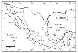 Número de lagunas costeras por vertiente según Castañeda y Contreras (2003).