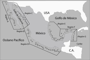 Número de lagunas costeras por regiones en México (tomado de Lankford, 1977).