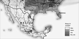Riesgos de tornados (tomado de National Geographic (1998)). Fuente: base de datos tornados México, ciesas-ciatts.