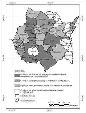 Conflictos por el agua con base en la regionalización por conglomerados y según cocientes de localización, 2000-2010.