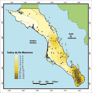 Gradiente de aridización evidente de sur a norte, en las provincias bioclimáticas de Baja California Sur; la mayor extensión es ocupada por zonas tipo desierto y semidesierto (Cuadro 4).