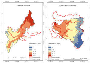 Mapa de temperaturas medias de las cuencas del río Porce y del Chinchiná.