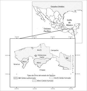 Tipos de climas y ubicación geográfica del estado de Tabasco en la República Mexicana.