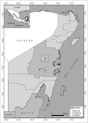 Localización de los ejidos que conforman el área de estudio. El (1) corresponde al ejido Noh Cah, (2) X-Hazil Sur y Anexos y (3) X-Maben.