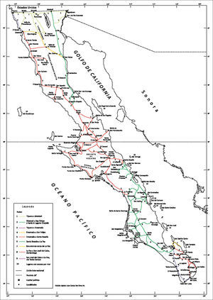Las rutas propuestas en la Lower California Guidebook, donde solo se distinguen los caminos principales.