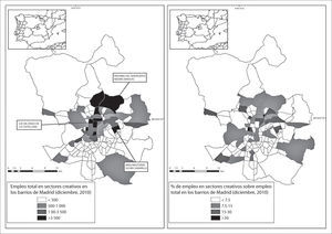 Concentración del empleo creativo y peso sobre total de actividades en Madrid (2010).