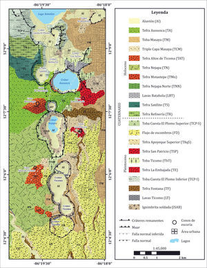 Mapa geológico de la porción central y sur del campo volcánico Nejapa y alrededores (Avellán, 2009).