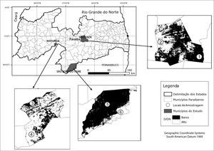 IVDN dos municípios analisados, destacando em números as áreas desertificadas (1, 3 e 5) e não-desertificadas
