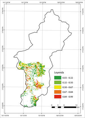 Mapa de probabilidad de la transición bosque tropical seco a pastizal inducido.