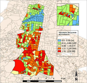 Cociente de localización del robo de vehículos en tres delegaciones del Distrito Federal por AGEB (2010).