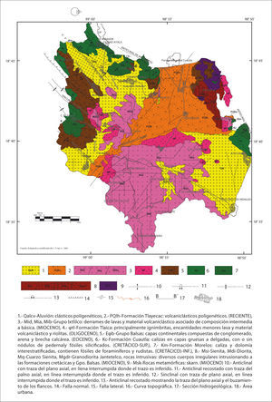 Mapa geológico de la región de Tenextepango, Morelos. Fuente: Varela (2011).