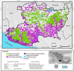 Cubiertas de vegetación actuales presentes en el estado de Michoacán, México. Los espacios en blanco (sin dato) representan áreas en las cuales no hay información de cubiertas de vegetación oriunda.