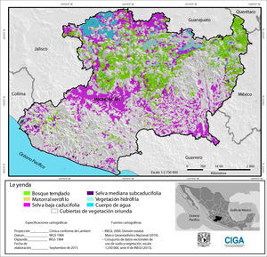 Cubiertas de vegetación predichas para el estado de Michoacán, México. Los espacios en blanco representan áreas en las cuales al día de hoy hay cubiertas de vegetación oriunda (Figura 2).