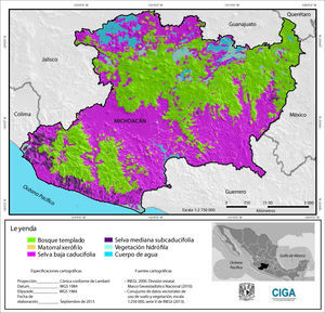 Tipos de cubiertas de vegetación actual y potencial presentes en el estado de Michoacán, México.