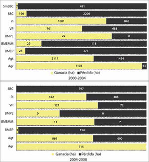 Superficies estimadas para cada uno de los periodos considerados (2000-2004 y 2004- 2008).
