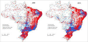 Proporção de domicílios “próprios” em relação à média nacional dos municípios brasileiros em 2000 e 2010.