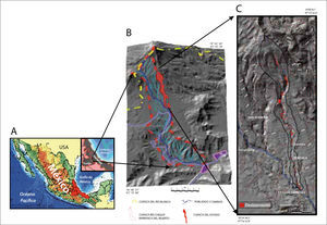 A) Localización de la zona de estudio; B) cuenca del río Blanco y localización de la zona de estudio y C) deslizamientos (en rojo) en la subcuenca del río El Estado.